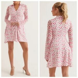 Alana Eve Pink Scarlett Garden Rose Mini Dress Long Dress Collared Button Front